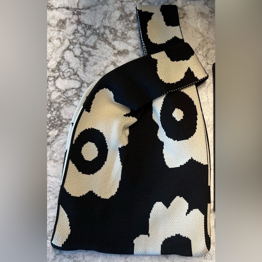 Mini Knitted Wristlet Bag - Foldable Tote - Black and White Floral